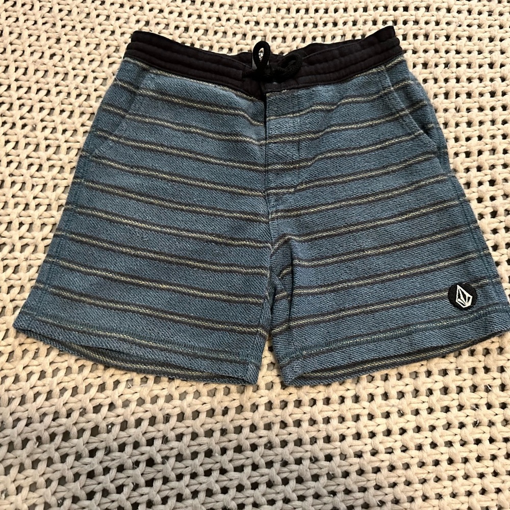Boys Volcom cotton terry shorts. Blue with black and yellow is green stripes.